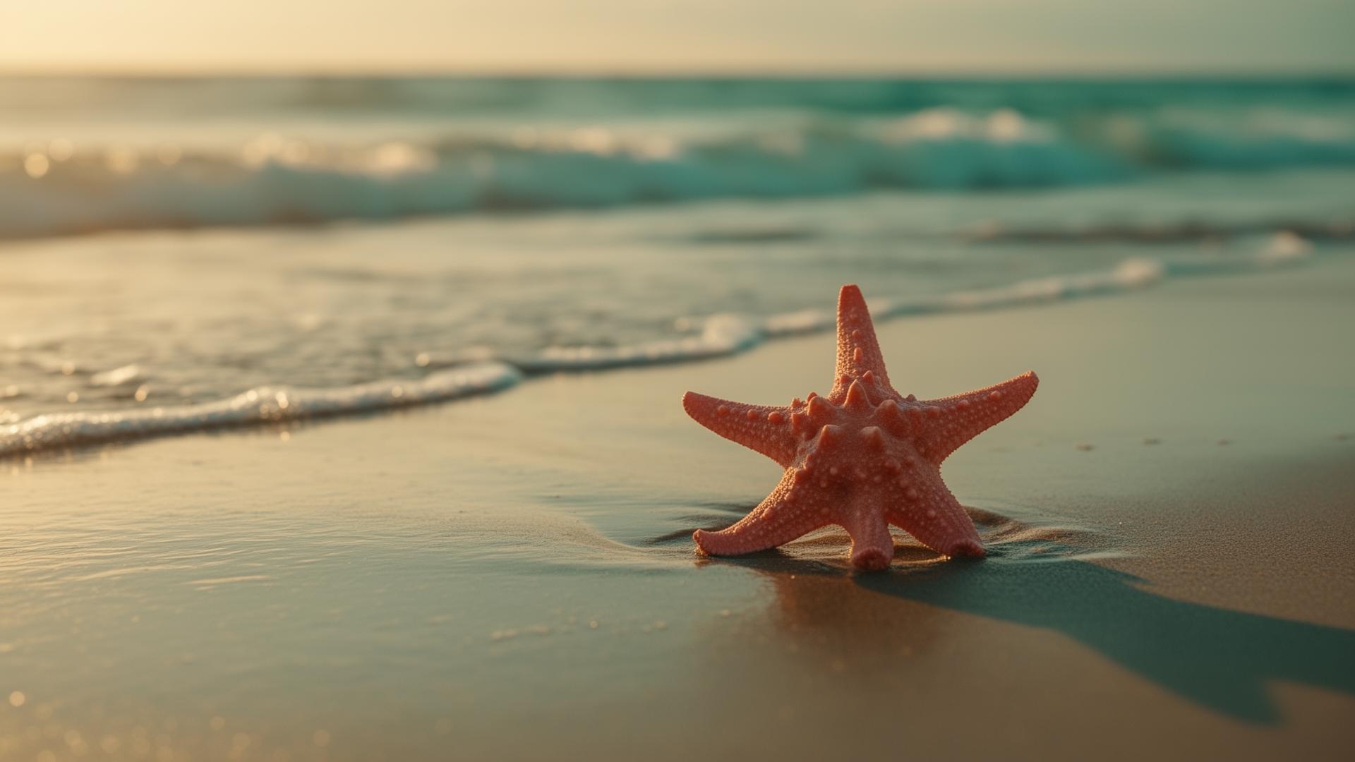 A single starfish resting on the shore at golden hour